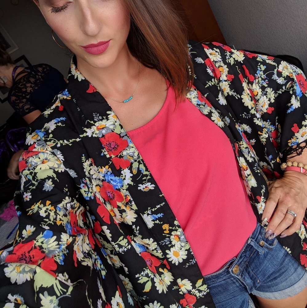 Black and Floral fringe kimono cardigan